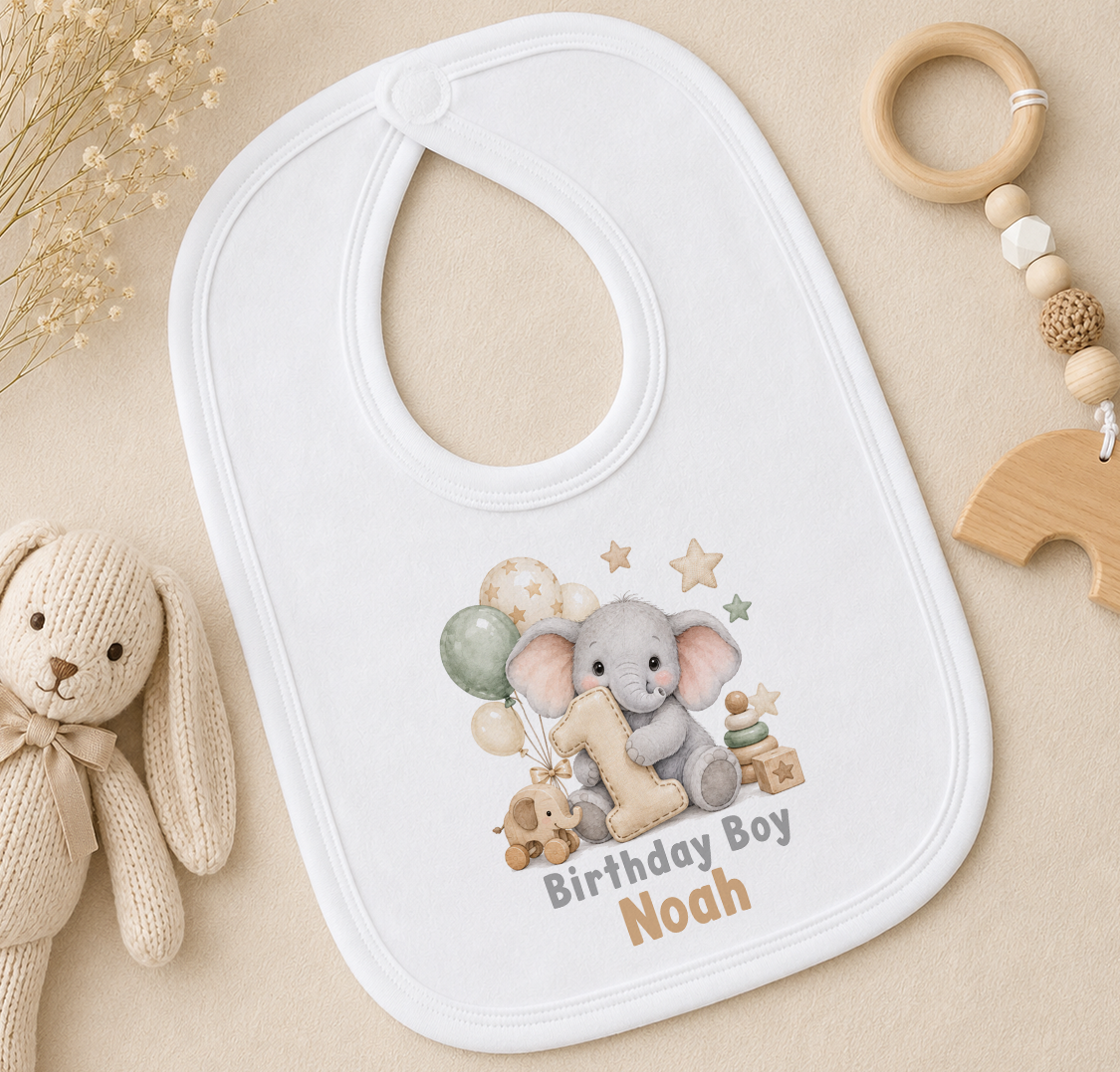 Personalised elephant first birthday boy bib with Birthday Boy Noah