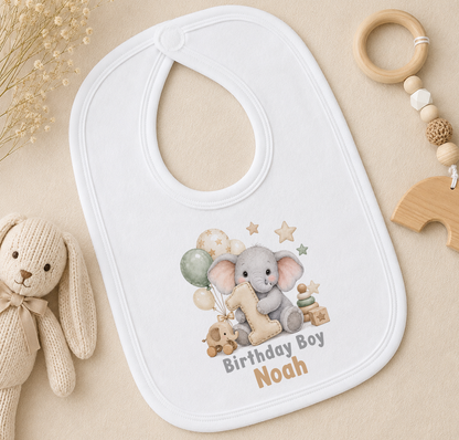 Personalised elephant first birthday boy bib with Birthday Boy Noah