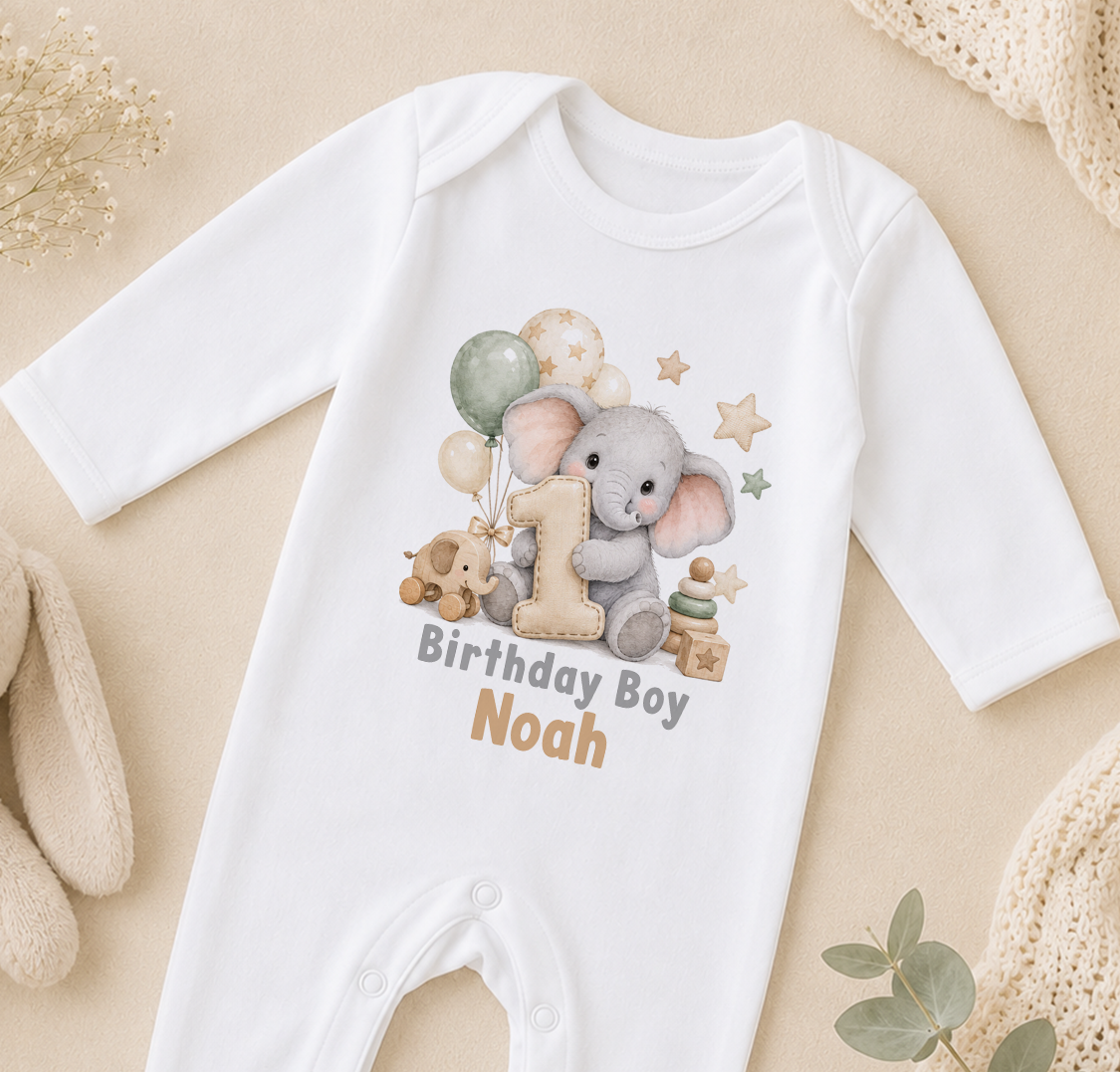 Personalised elephant first birthday boy sleepsuit – elephant with balloons, number 1, Birthday Boy Noah