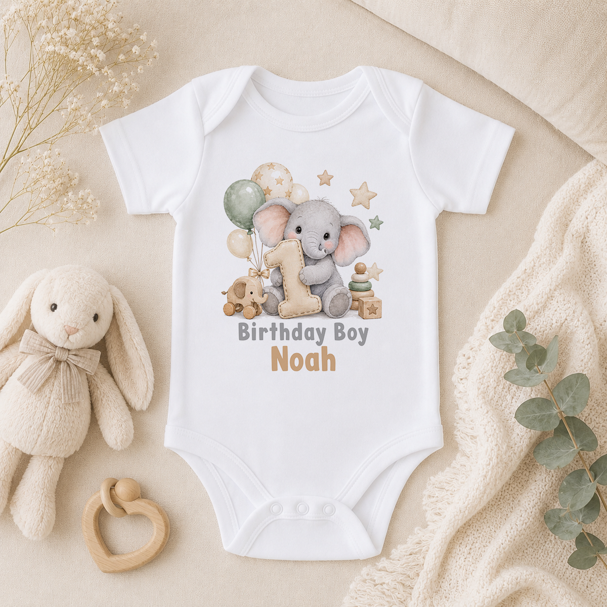 Personalised elephant first birthday boy baby vest with Birthday Boy Noah