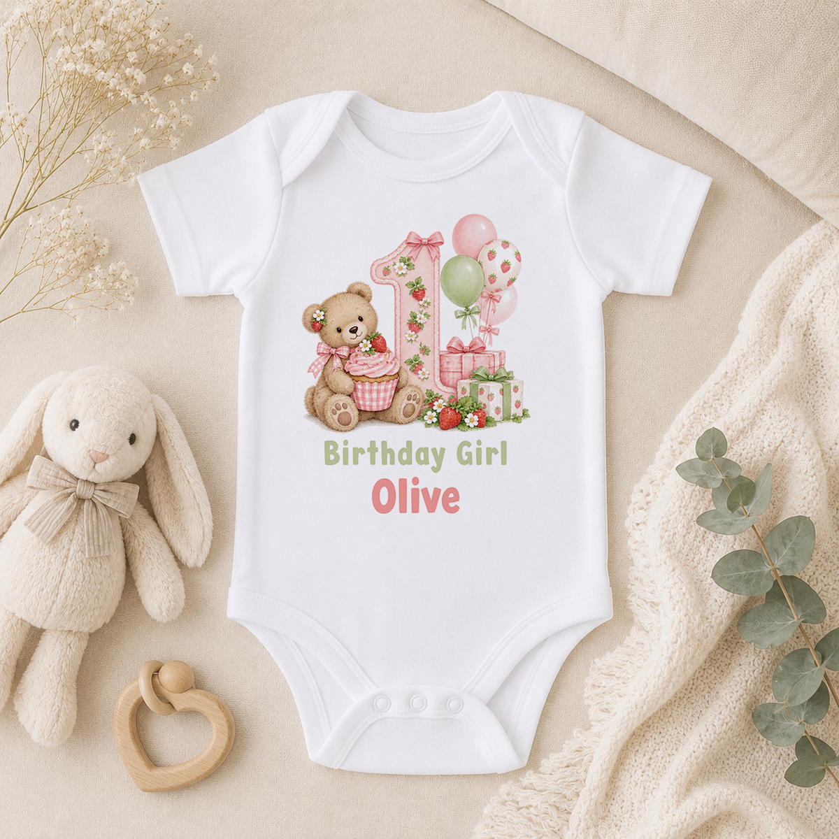 Personalised teddy and strawberries first birthday girl baby vest with Birthday Girl Olive