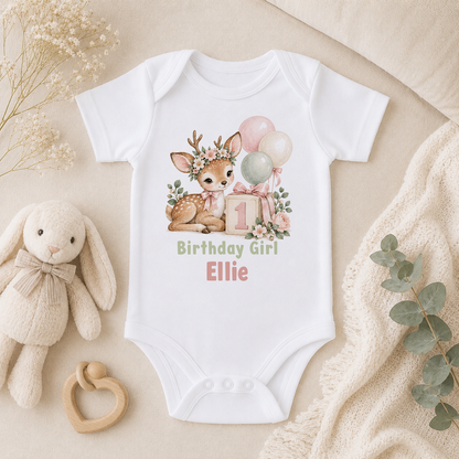 Personalised deer first birthday girl baby vest with Birthday Girl Ellie