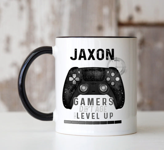 Black Gaming Gamer Controller, Personalised Gift Mug, Limited edition Gamers don't age they level up - Plain White Mug