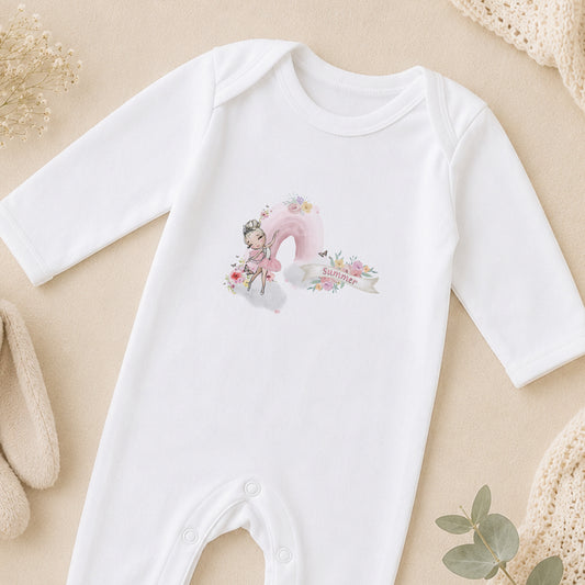 Personalised Blonde Ballerina Rainbow sleepsuit
