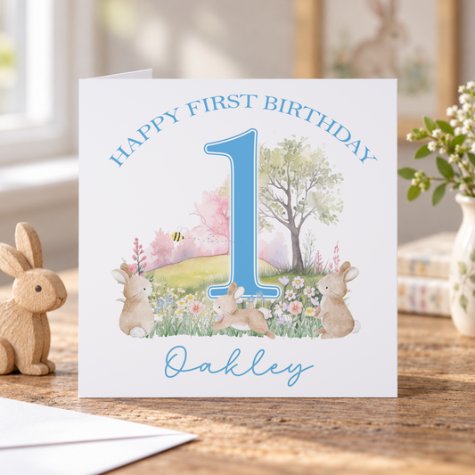 Blue Bunny First Birthday Card – Personalised Baby Boy Keepsake