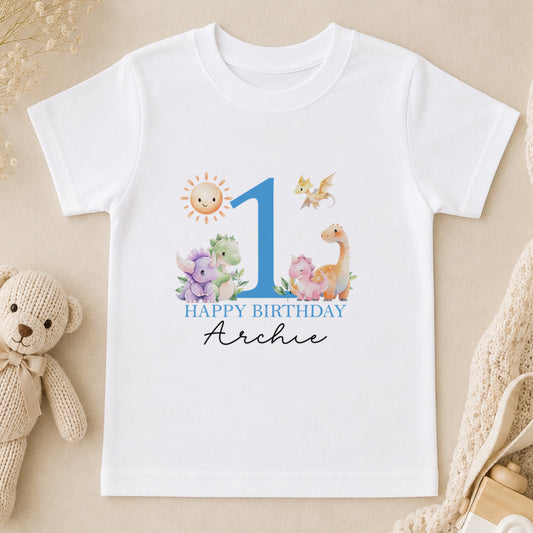 Personalised Blue Dinosaur First Birthday t-shirt