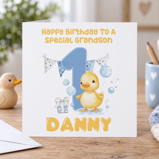 Blue Duck 1st Birthday Card – Personalised Name & Relation Keepsake for a Baby Boy