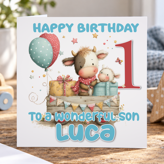 Blue Farm Cow 1st Birthday Card – Personalised Name and Age