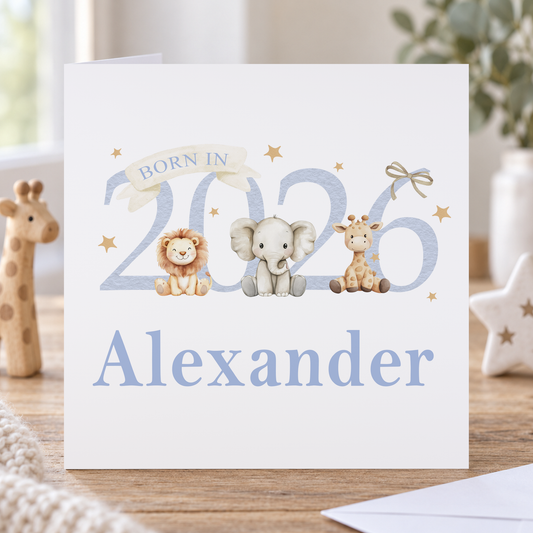 Blue Safari Animals Newborn Card – Personalised Luxury New Baby Keepsake