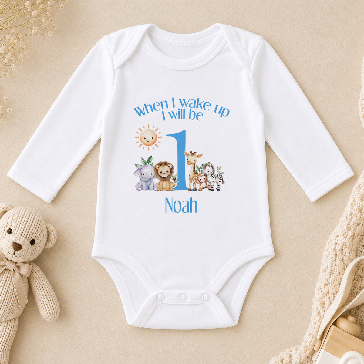Personalised Blue Safari First Birthday long sleeve vest