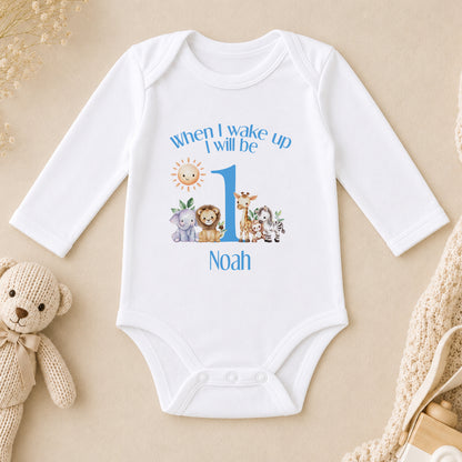 Personalised Blue Safari First Birthday long sleeve vest
