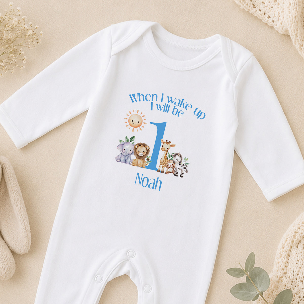 Personalised Blue Safari First Birthday sleepsuit