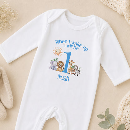 Personalised Blue Safari First Birthday sleepsuit