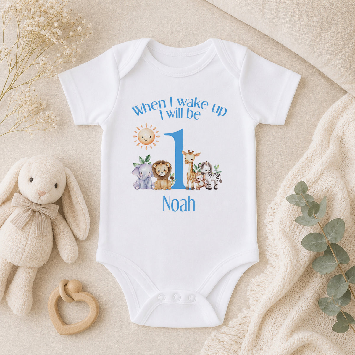 Personalised Blue Safari First Birthday baby vest