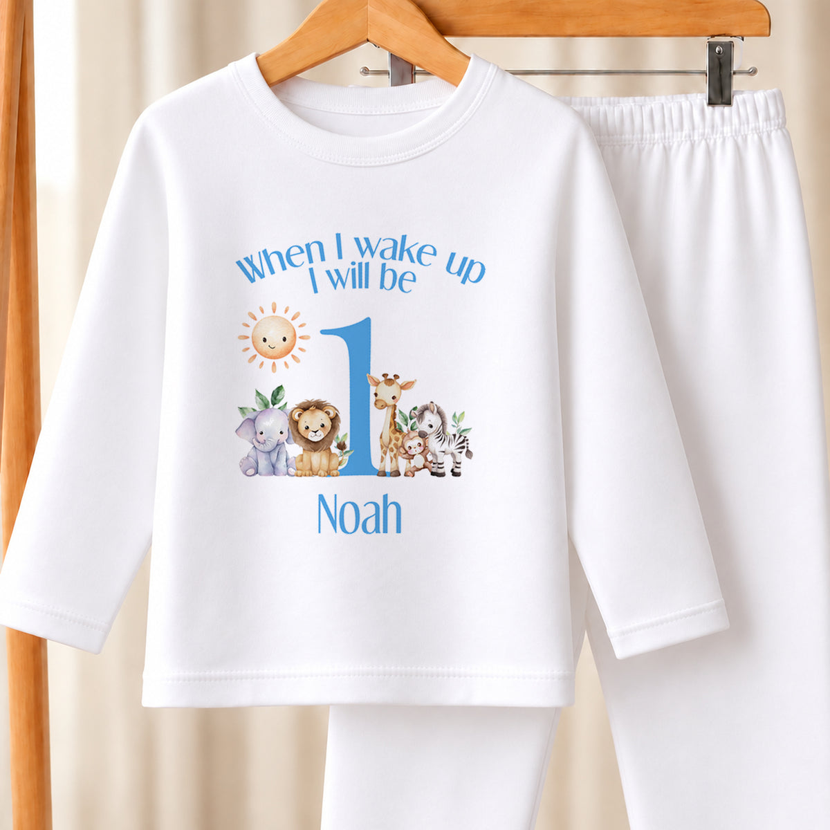 Personalised Blue Safari First Birthday white pyjamas
