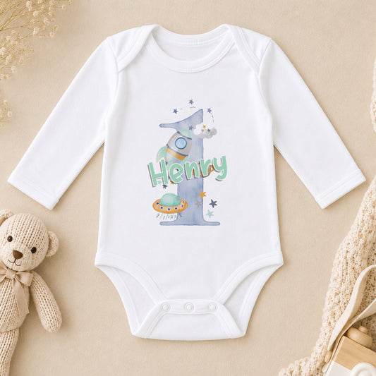 Personalised Blue Space Rocket First Birthday long sleeve vest