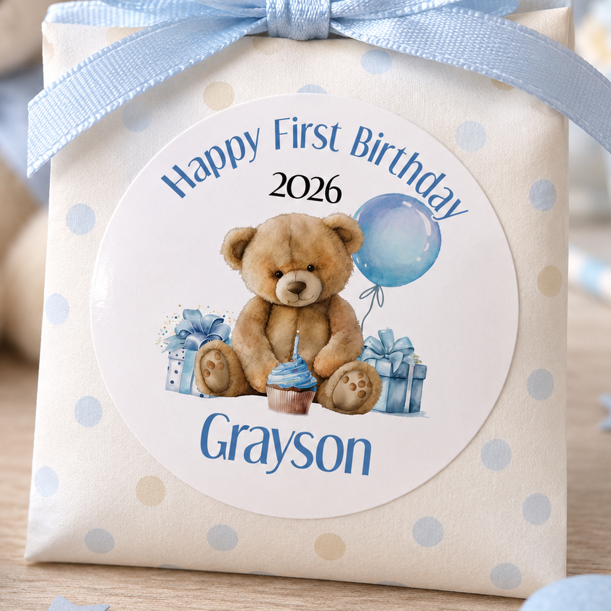 Blue Teddy Bear First Birthday Stickers – Personalised Party Labels