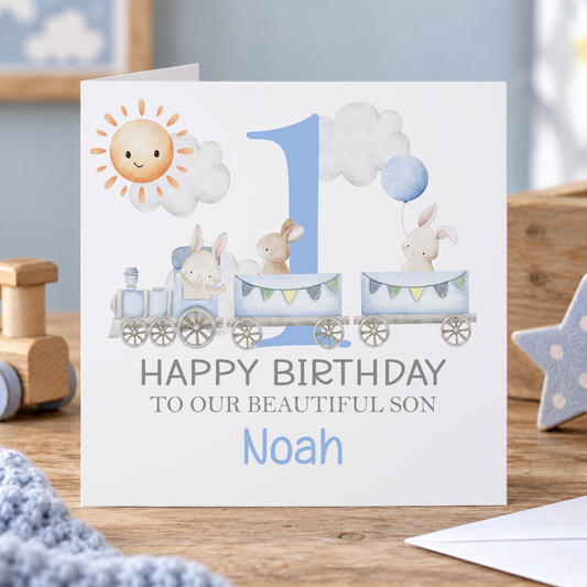 Blue Train & Bunny Birthday Card – Personalised Name, Relation & Age for Baby Boys