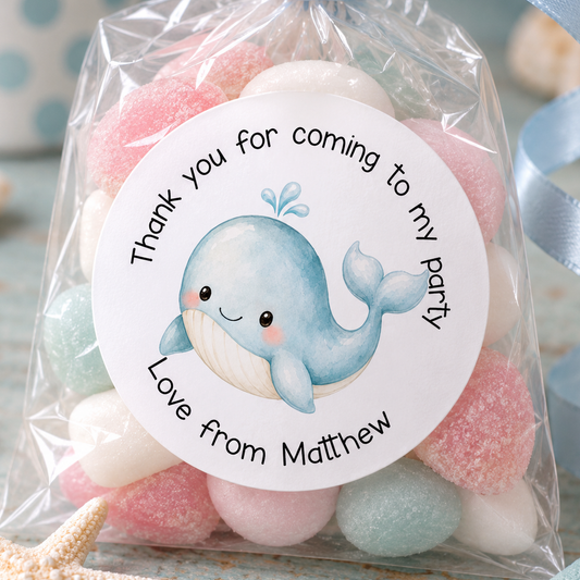 Blue Whale Thank You Stickers – Personalised Sea-Themed Party Labels
