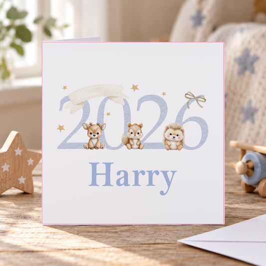 Blue Woodland Newborn Baby Card – Personalised Keepsake Announcement