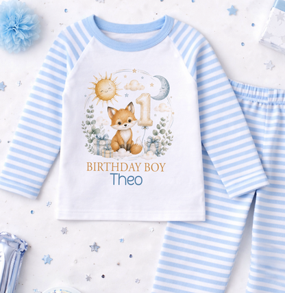 Personalised 1st birthday pyjamas, Fox Sun and Moon Birthday Boy design with name, blue and white striped