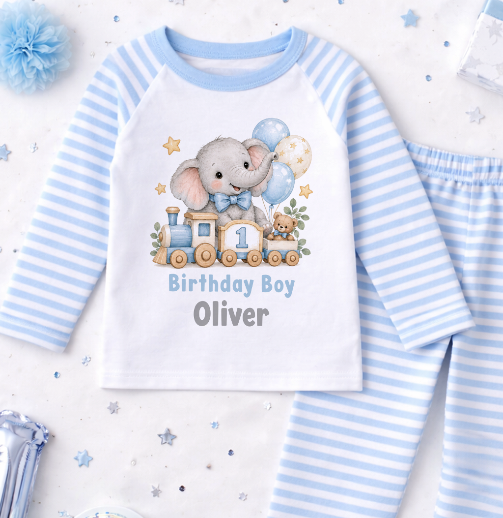 Personalised 1st birthday pyjamas, Elephant Train Birthday Boy design with name, blue and white striped
