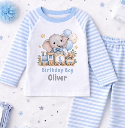 Personalised 1st birthday pyjamas, Elephant Train Birthday Boy design with name, blue and white striped