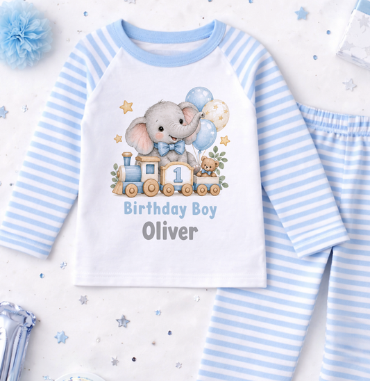 Personalised 1st birthday pyjamas, Elephant Train Birthday Boy design with name, blue and white striped