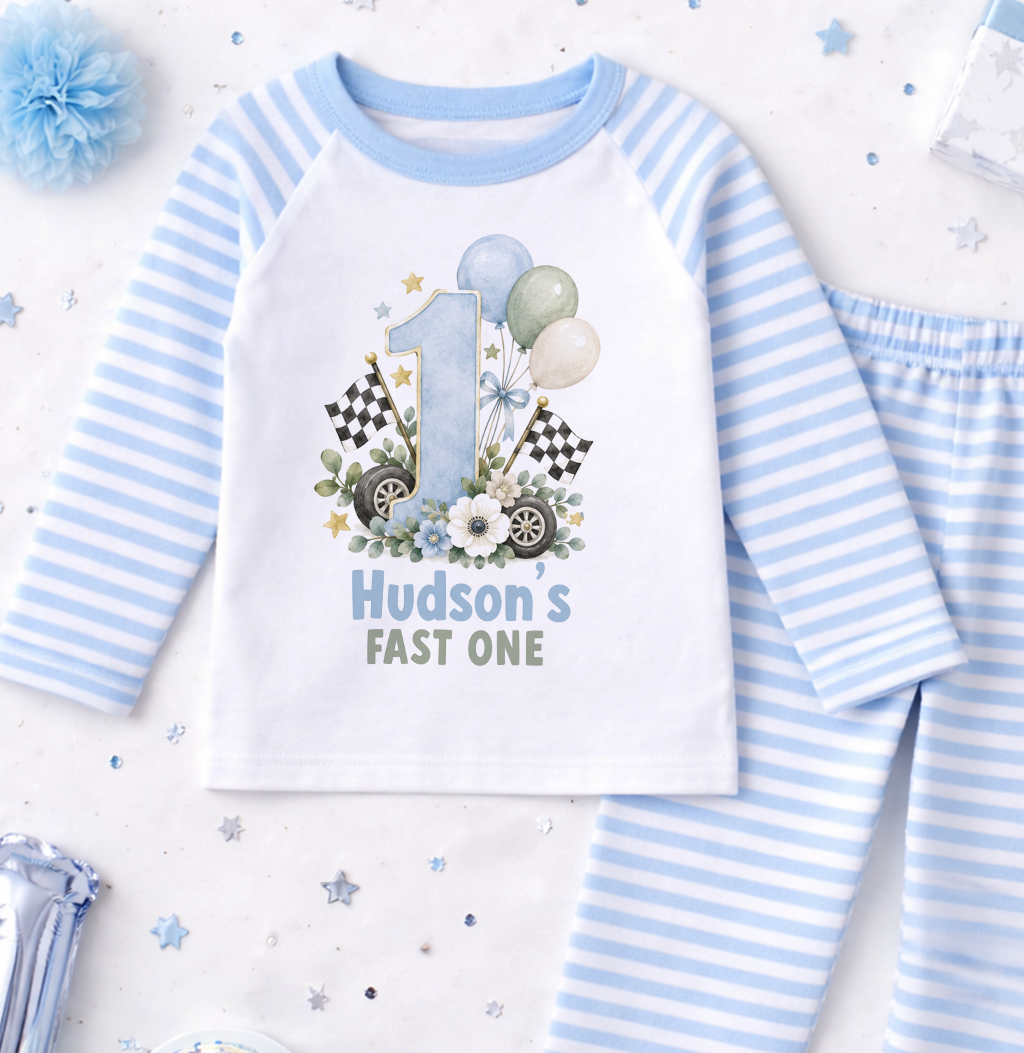 Personalised 1st birthday pyjamas, Fast One Racing Car design with name, blue and white striped