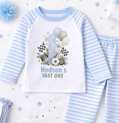 Personalised 1st birthday pyjamas, Fast One Racing Car design with name, blue and white striped
