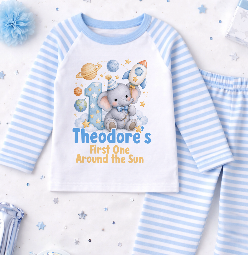 Personalised 1st birthday pyjamas, Space Elephant First Trip Around the Sun design with name, blue and white striped