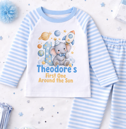Personalised 1st birthday pyjamas, Space Elephant First Trip Around the Sun design with name, blue and white striped