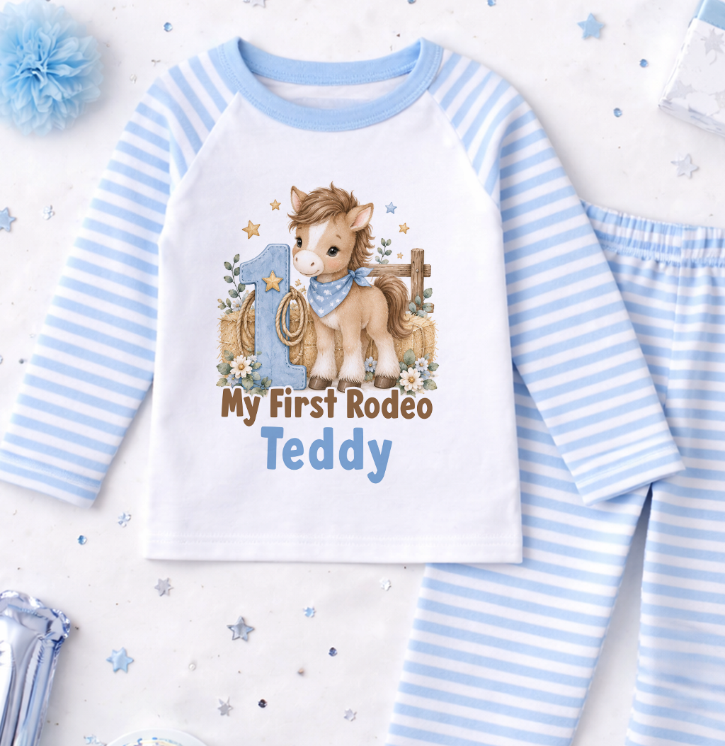 Personalised 1st birthday pyjamas, My First Rodeo Pony design with name, blue and white striped