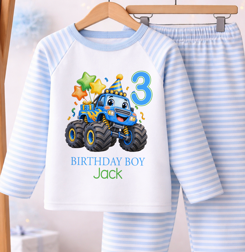 Personalised birthday boy pyjamas, Monster Truck design with name and age, blue and white stripe