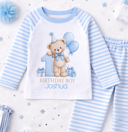 Personalised 1st birthday pyjamas, Blue Teddy Balloons Birthday Boy design with name, blue and white striped
