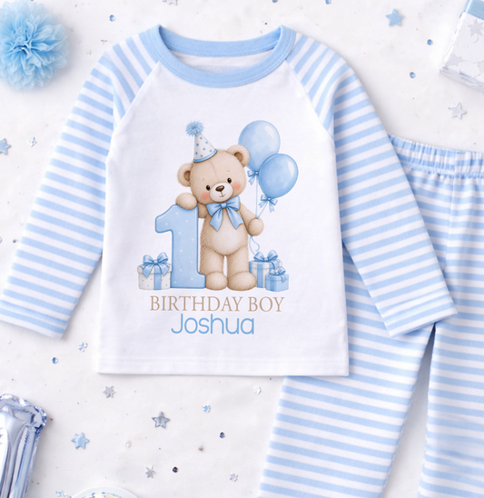 Personalised 1st birthday pyjamas, Blue Teddy Balloons Birthday Boy design with name, blue and white striped