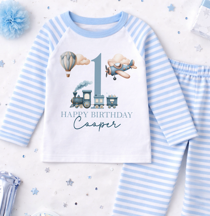 Personalised 1st birthday pyjamas, Train Plane Hot Air Balloon design with name, blue and white striped