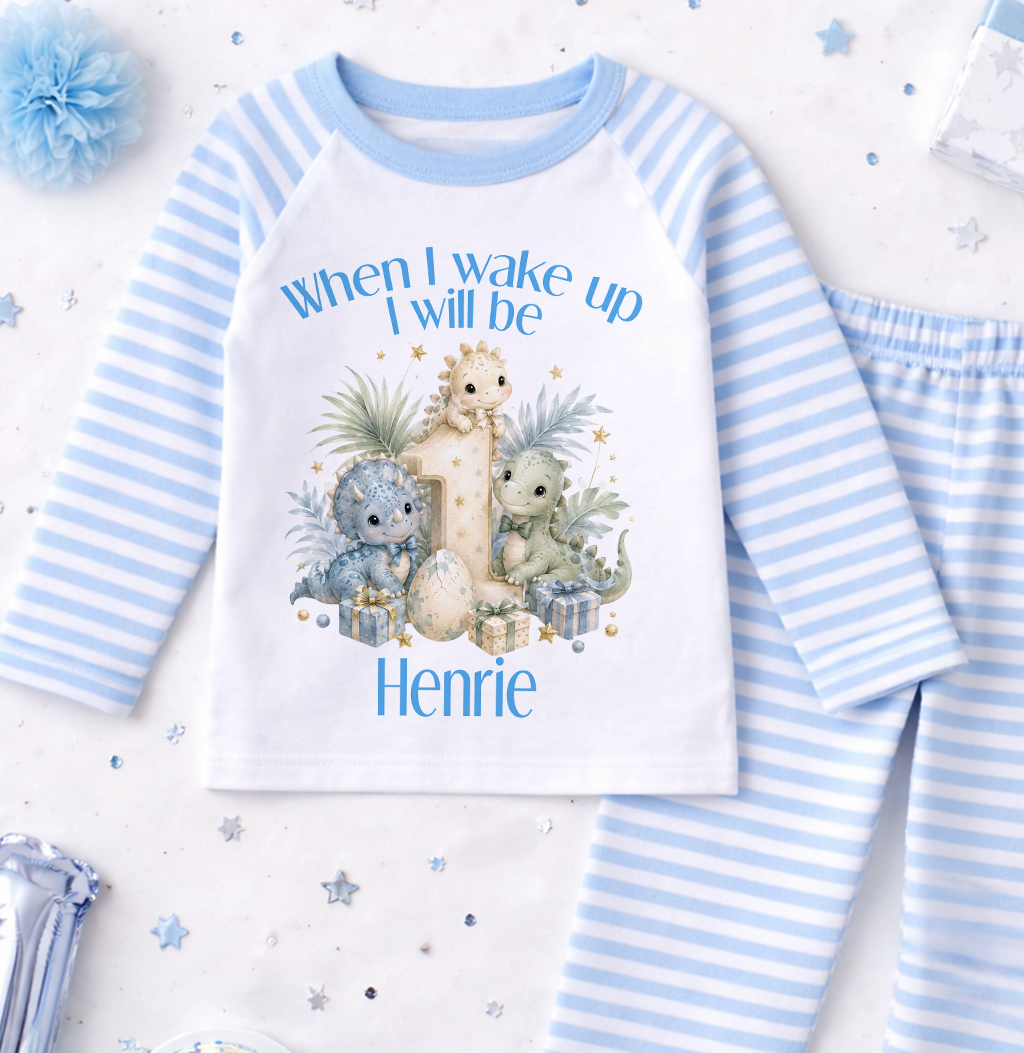 Personalised 1st birthday pyjamas, When I wake up I will be 1, Baby Dinosaurs design with name, blue and white stripe