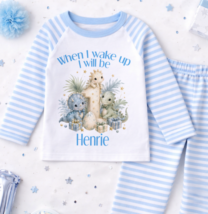 Personalised 1st birthday pyjamas, When I wake up I will be 1, Baby Dinosaurs design with name, blue and white stripe