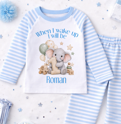 Personalised 1st birthday pyjamas, When I wake up I will be 1, Elephant Balloons design with name, blue and white stripe