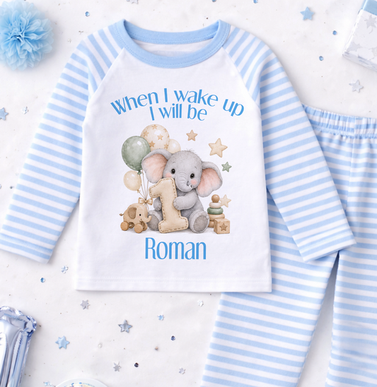 Personalised 1st birthday pyjamas, When I wake up I will be 1, Elephant Balloons design with name, blue and white stripe