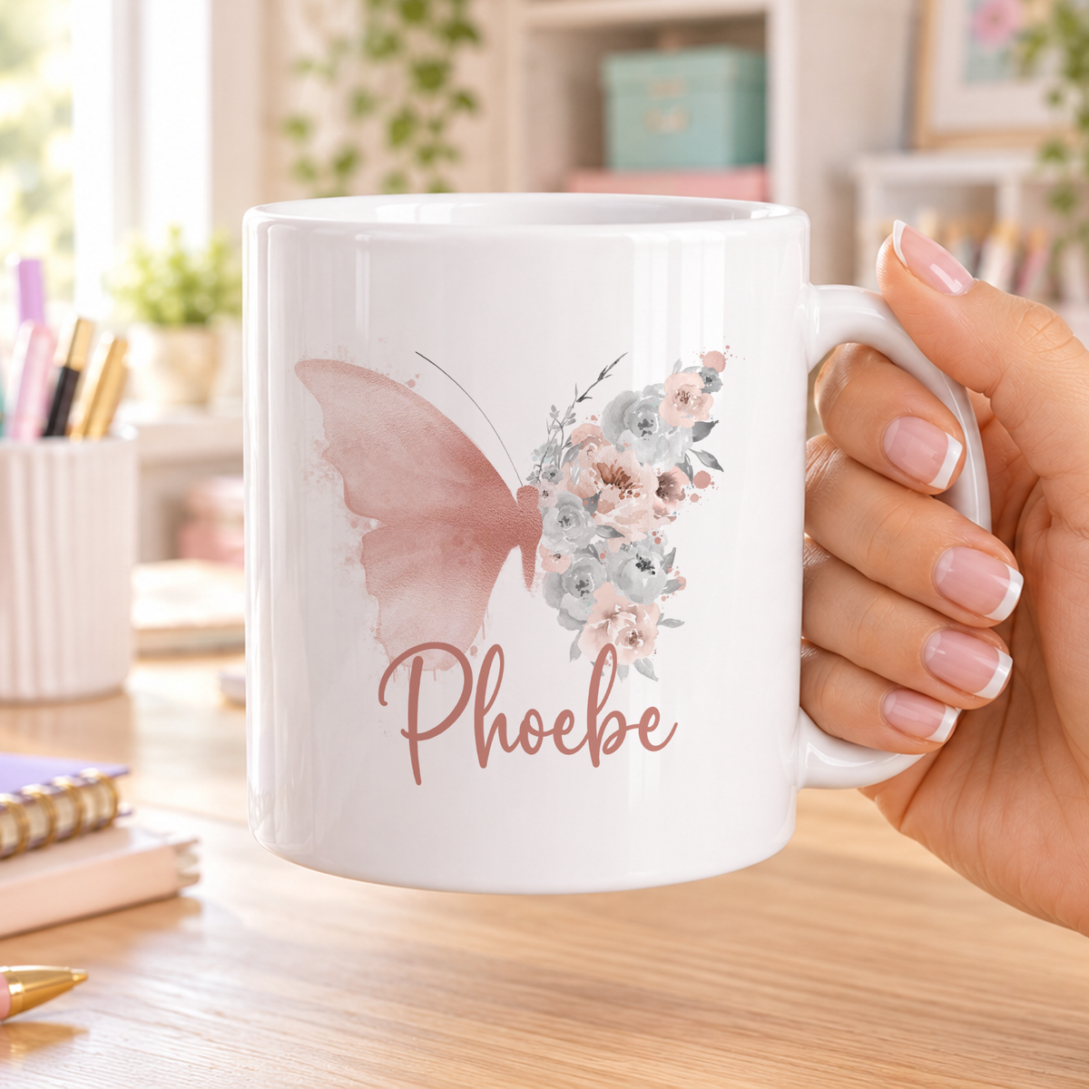 Personalised Gift Mug – Ceramic Coffee Mug with Floral Butterfly Design