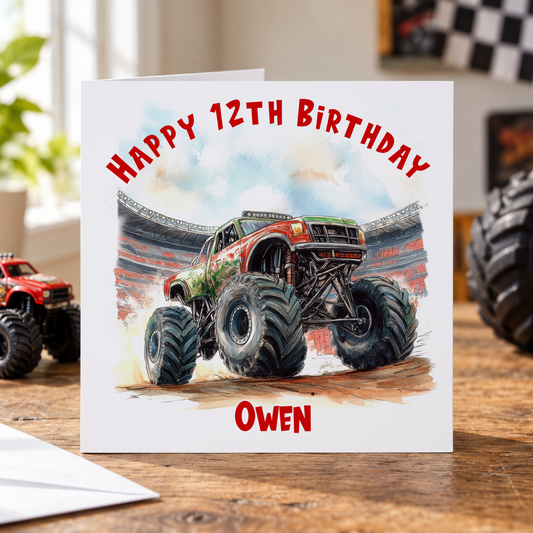 Bold Monster Truck Birthday Card – Personalised with Name & Age