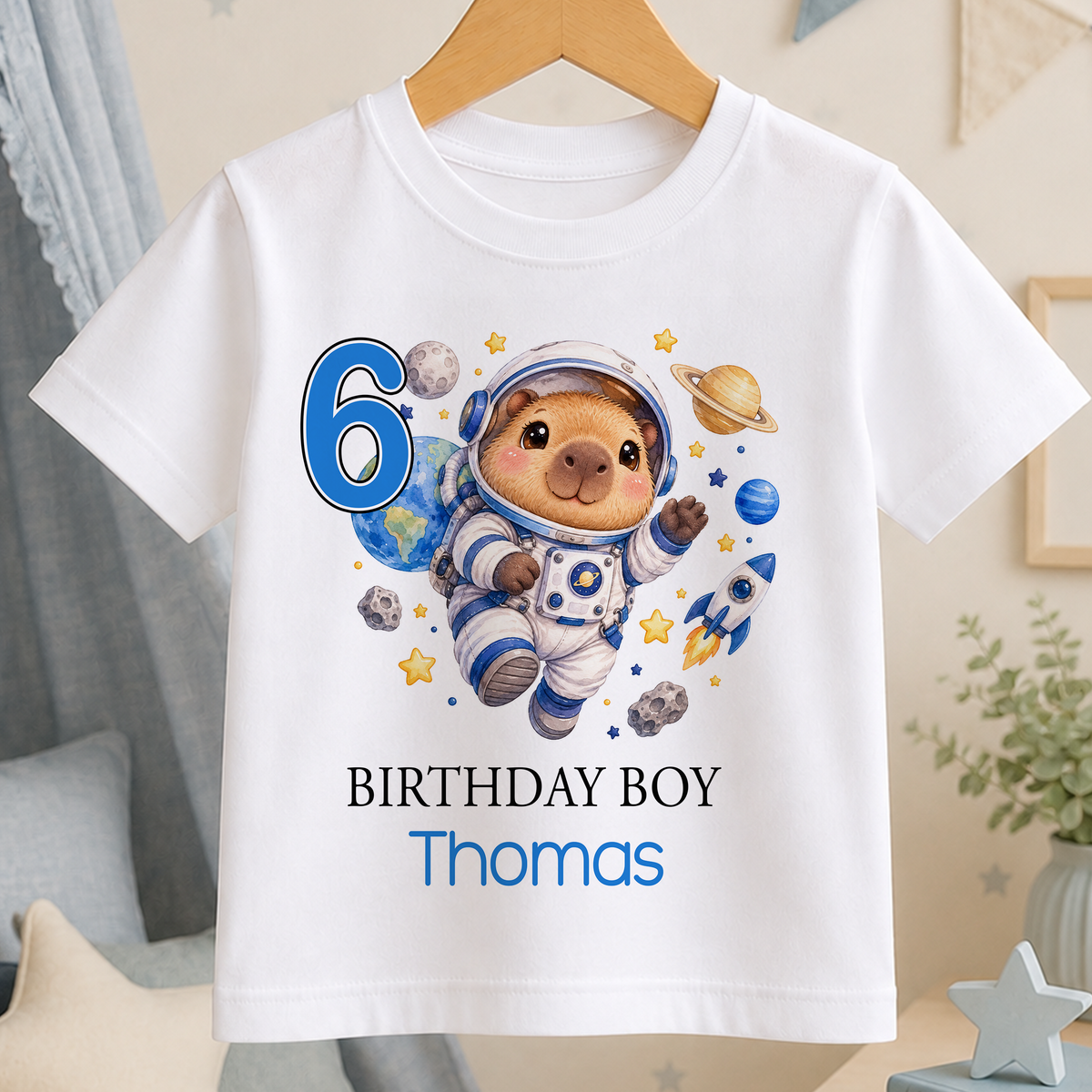 Personalised birthday t-shirt with a watercolour capybara astronaut floating in space with a rocket and planets, printed with the age number 6 and the name Thomas under BIRTHDAY BOY.