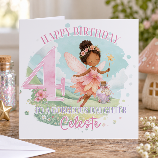 Brown Skin Fairy Birthday Card – Personalised Age & Name for Daughter