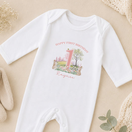 Personalised Bunny Rabbit First Birthday Keepsake sleepsuit