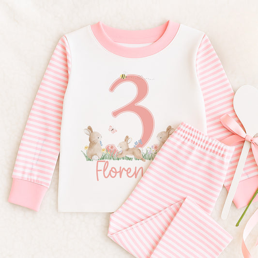 Personalised pink striped pyjamas with Little Hoppy Bunny and age design, size 6-12 months