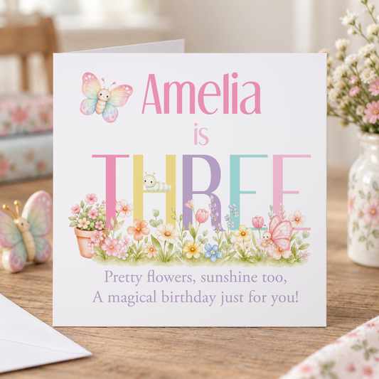 Butterfly Birthday Card – Personalised Pastel Floral Design for Girls, Ages 1-10