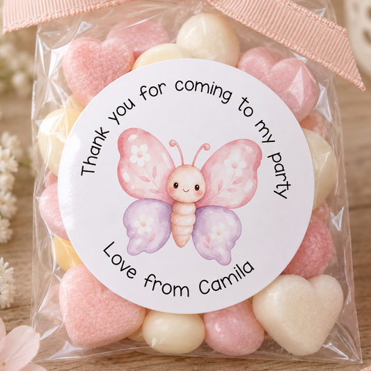 Butterfly Thank You Stickers – Personalised Pink & Purple Party Bag Labels