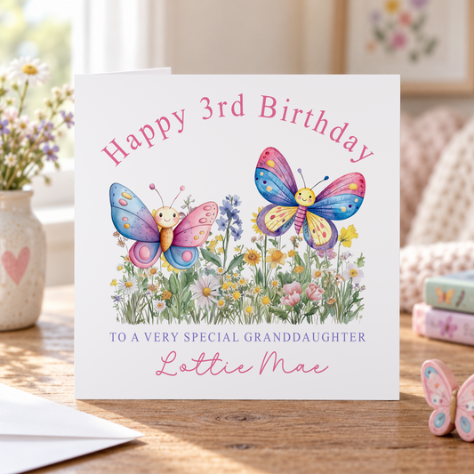 Butterfly & Wildflower Birthday Card – Personalised Name, Age & Relation